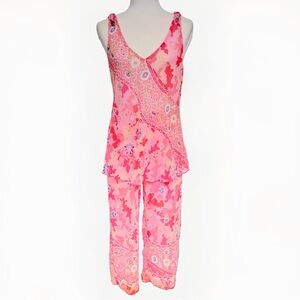 NATORI JOSIE PINK RED FLORAL CAMO PRINT SHEER TANK TOP CROP PANTS PAJAMA SET